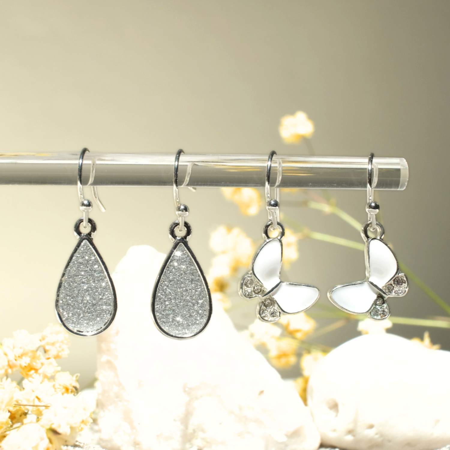 White Drop Butterfly Earrings with Crystal Insert - Image 3