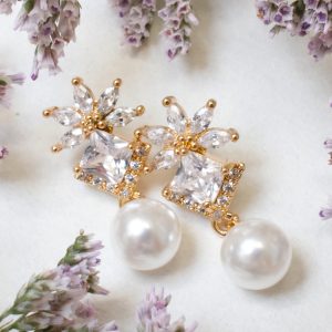 Gold CZ Drop Pearl Earrings