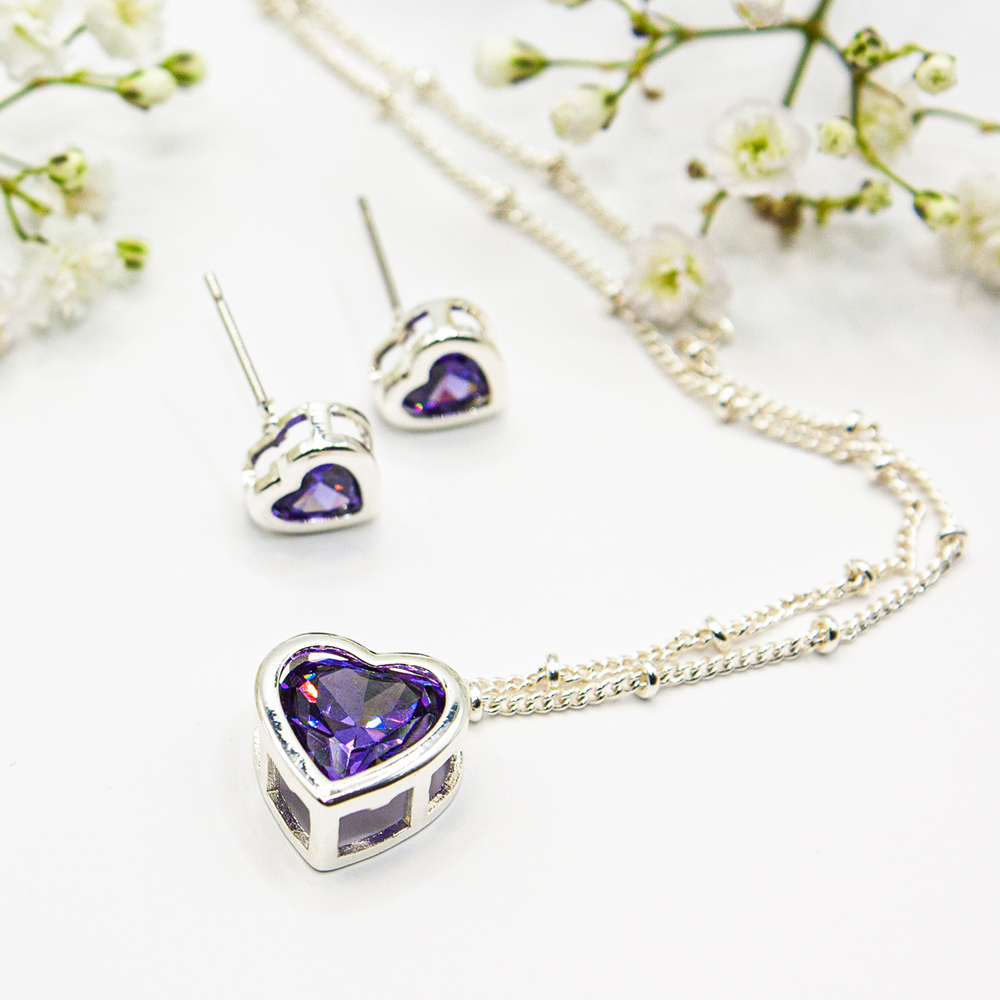 Silver Clear / Amethyst Heart Necklace Set - Amethyst heart necklace and earring set 2