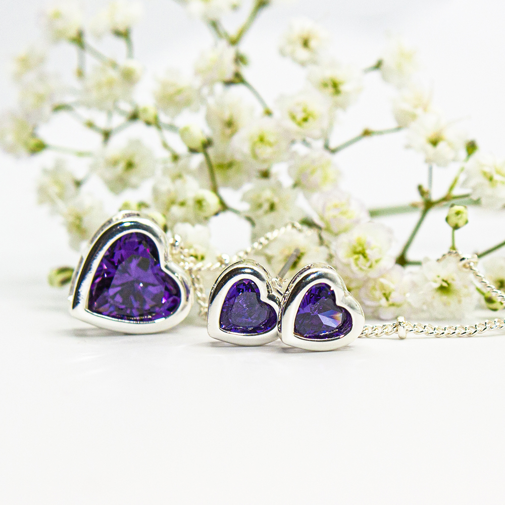 Silver Clear / Amethyst Heart Necklace Set - Amethyst heart necklace and earring set 3