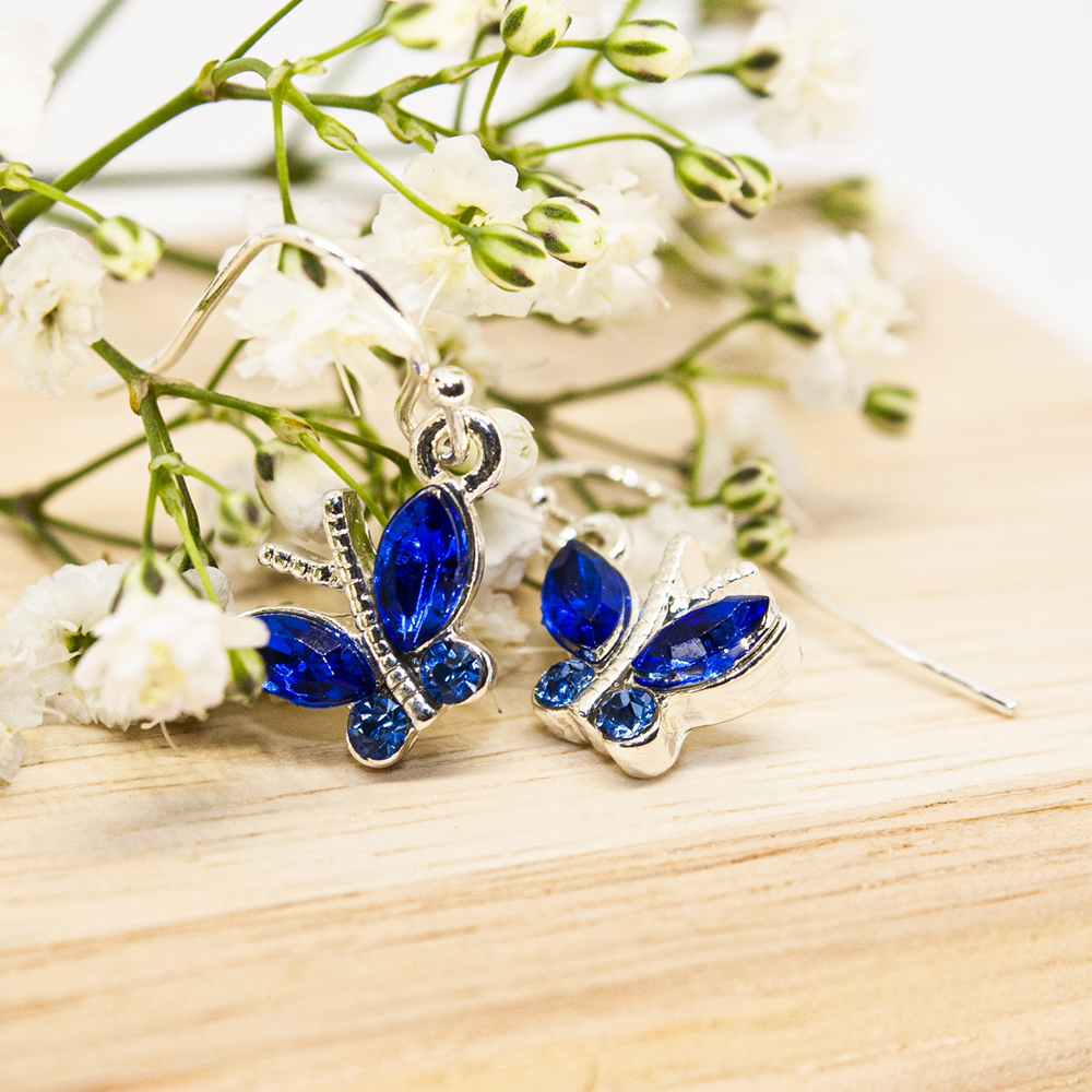 Clear / Blue Drop Earrings with Butterfly - Blue Butterfly Earrings 2