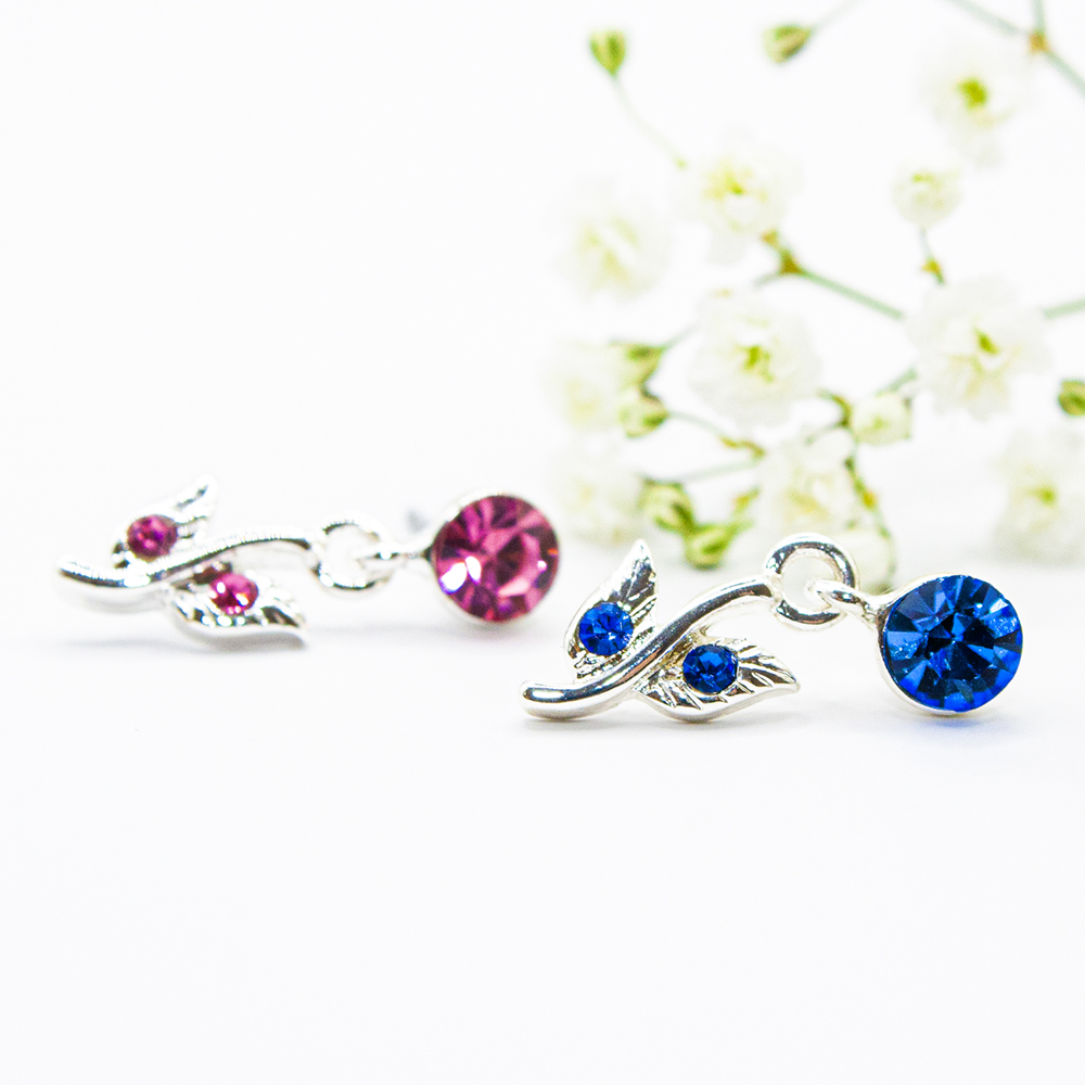 Blue / Pink Crystal Flower Earrings - Blue Pink Crystal Flower Earrings 3