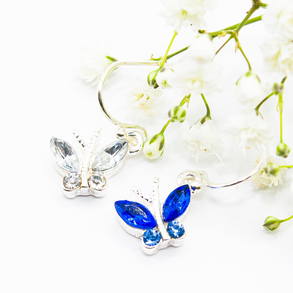 Clear / Blue Drop Earrings with Butterfly - Clear Blue Drop Earrings with Butterfly 2