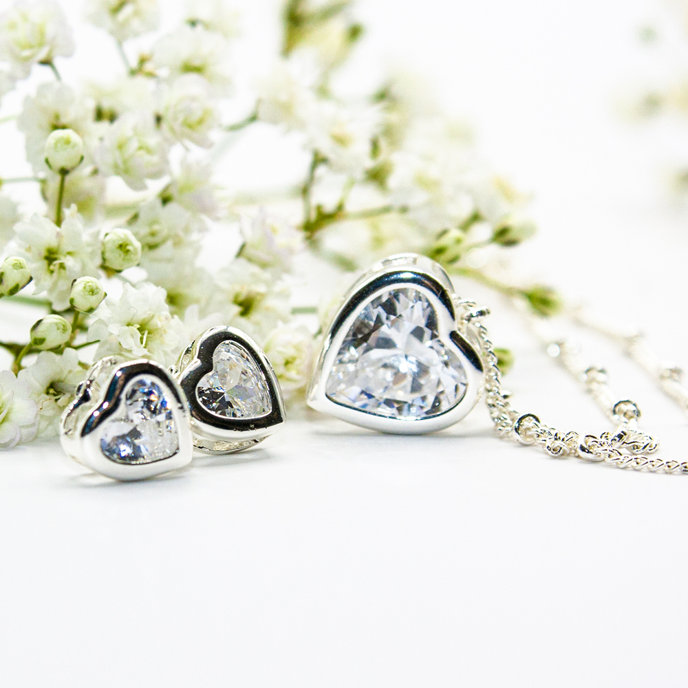 Silver Heart Necklace Set - Clear CZ heart necklace and earring set 4