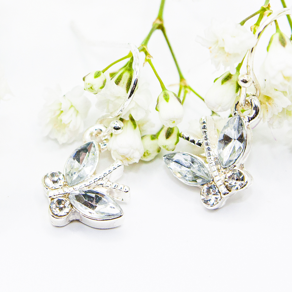 Clear / Blue Drop Earrings with Butterfly - Clear Crystal Drop Earrings with Butterfly ES95 4
