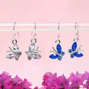 Clear / Blue Drop Earrings with Butterfly