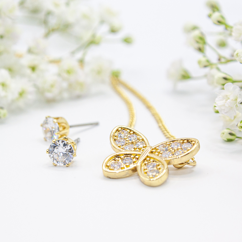 Gold CZ Butterfly Necklace Set - Gold CZ encrusted butterfly necklace and earring set 3