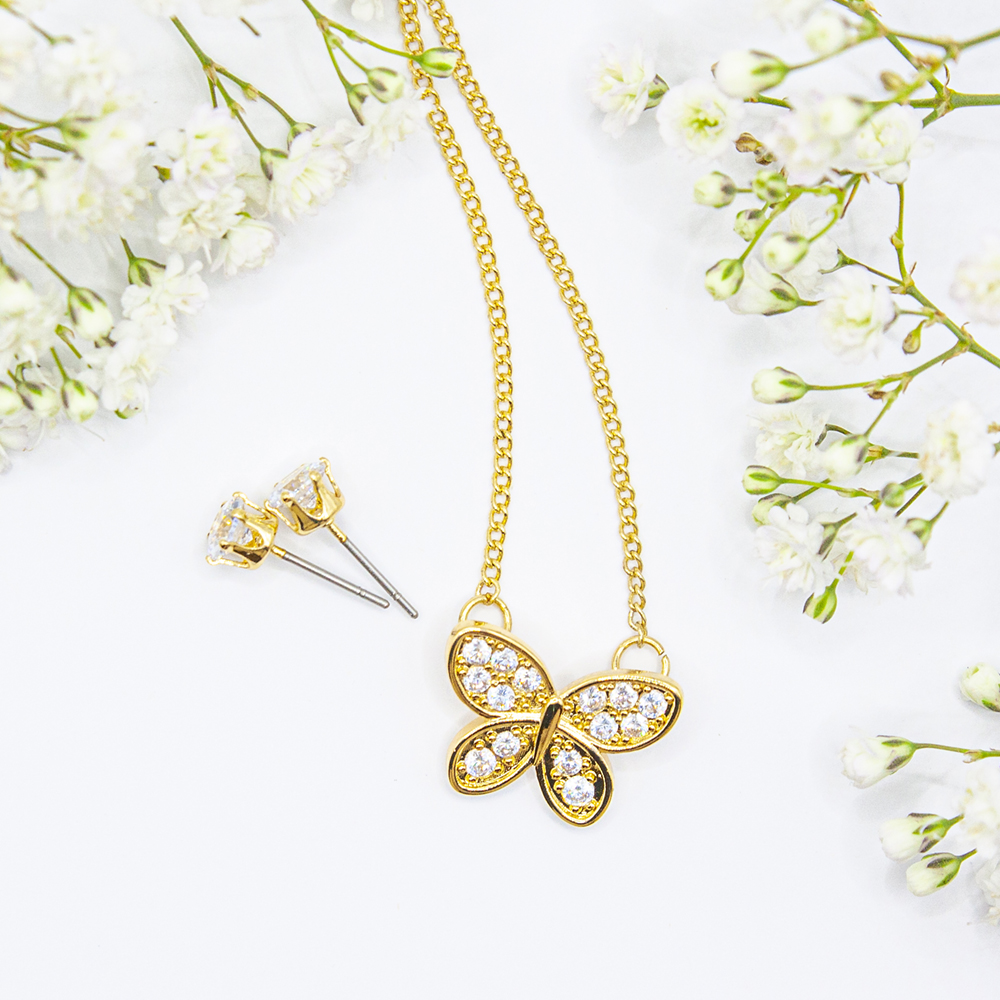 Gold CZ Butterfly Necklace Set - Gold CZ encrusted butterfly necklace and earring set