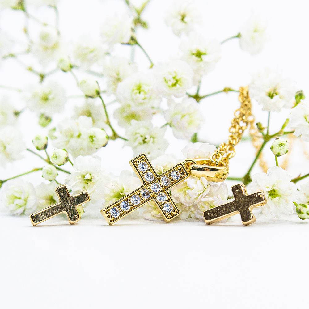 Gold CZ Cross Necklace Set - Gold CZ encrusted cross necklace and earring set 3