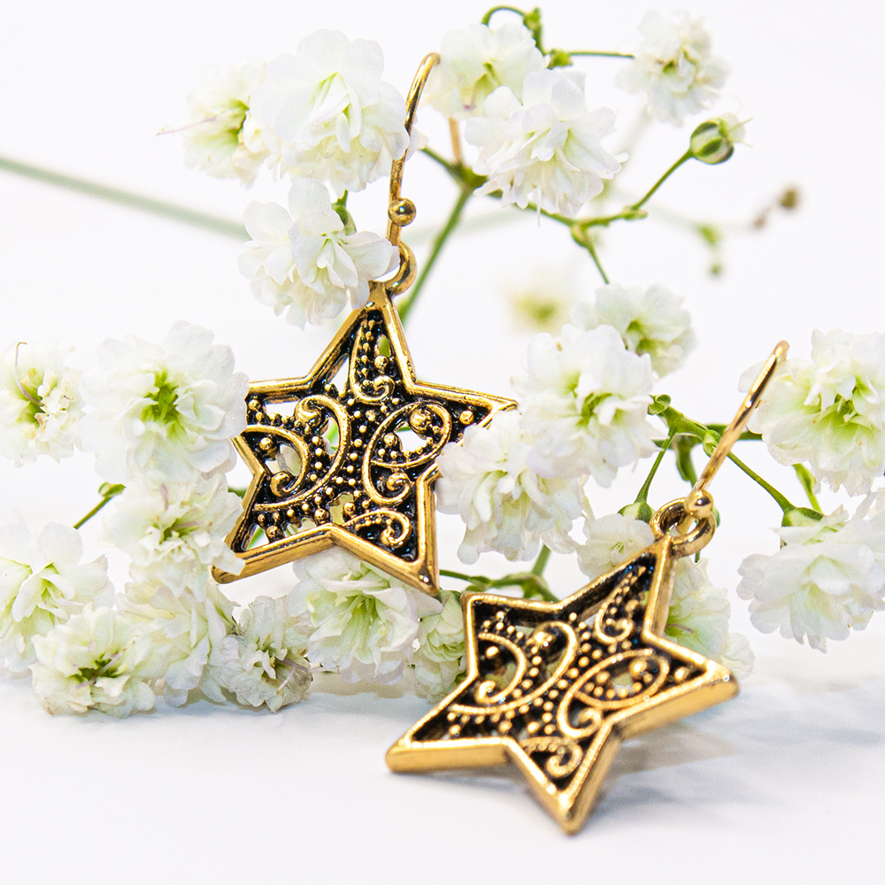 Gold / Silver Star Filigree Drop Earrings - Gold Filigree Drop Star earrings ES92
