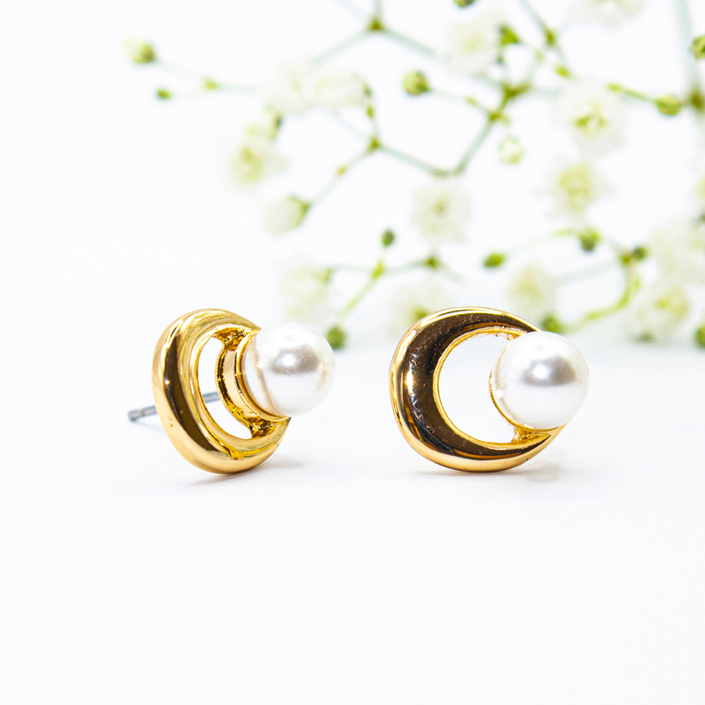 Gold Half Moon & Pearl Earrings - Gold Half Moon Pearl Earrings ES47 3