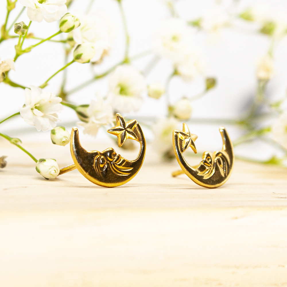 Gold Moon Earrings - Gold Moon with Star Earrings ES305 2