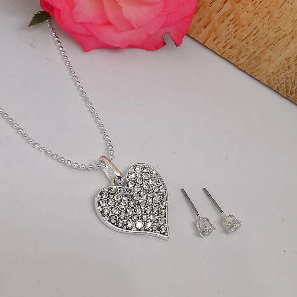 Silver CZ Encrusted Heart Necklace Set