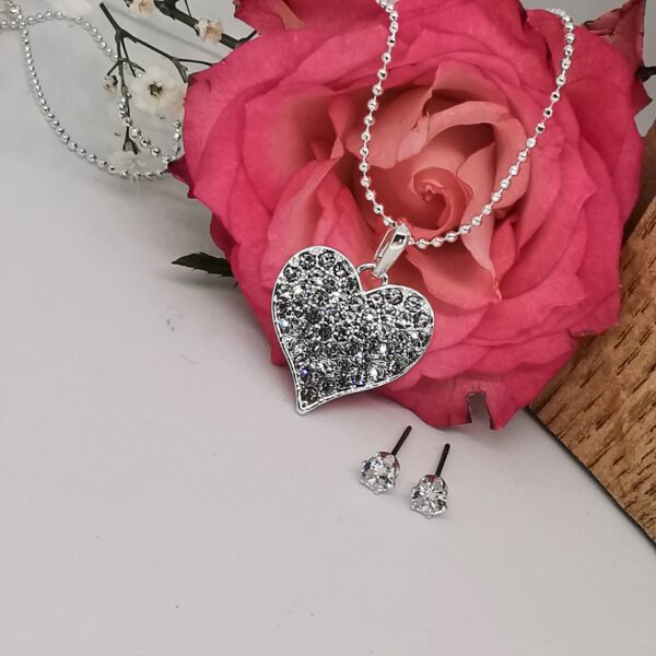 Silver CZ Encrusted Heart Necklace Set