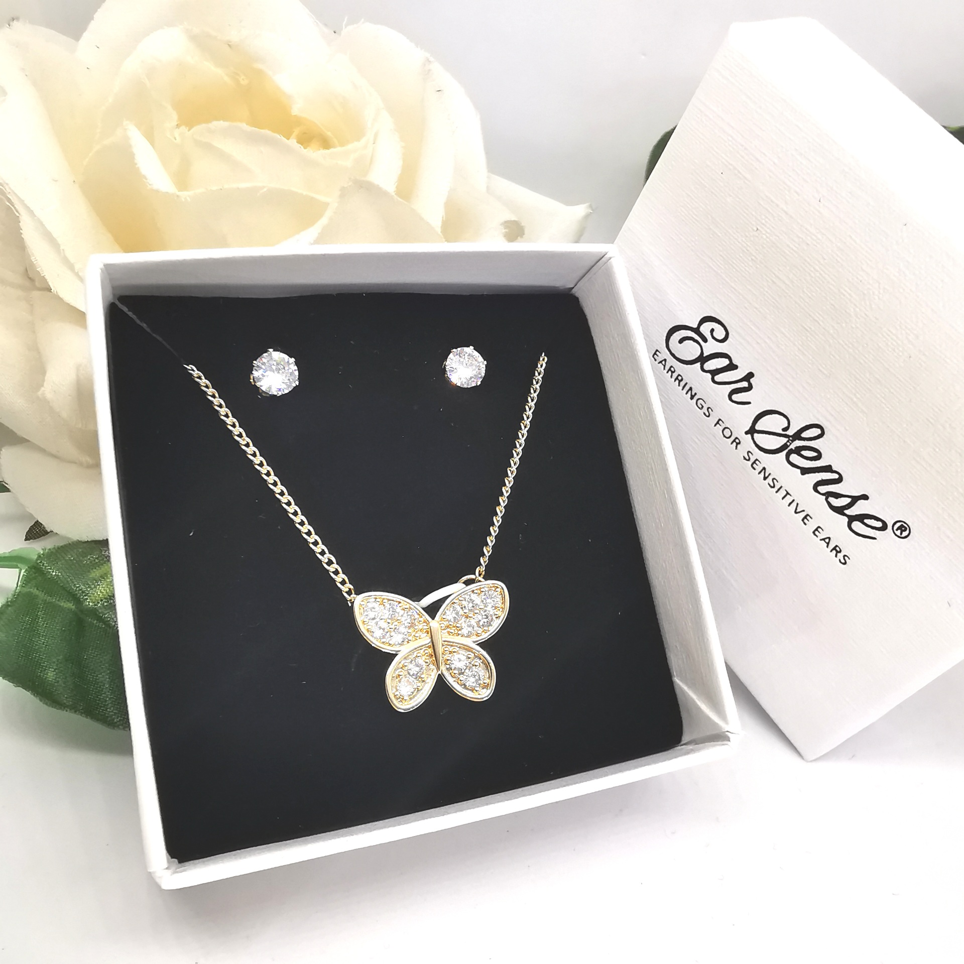 Gold CZ Butterfly Necklace Set