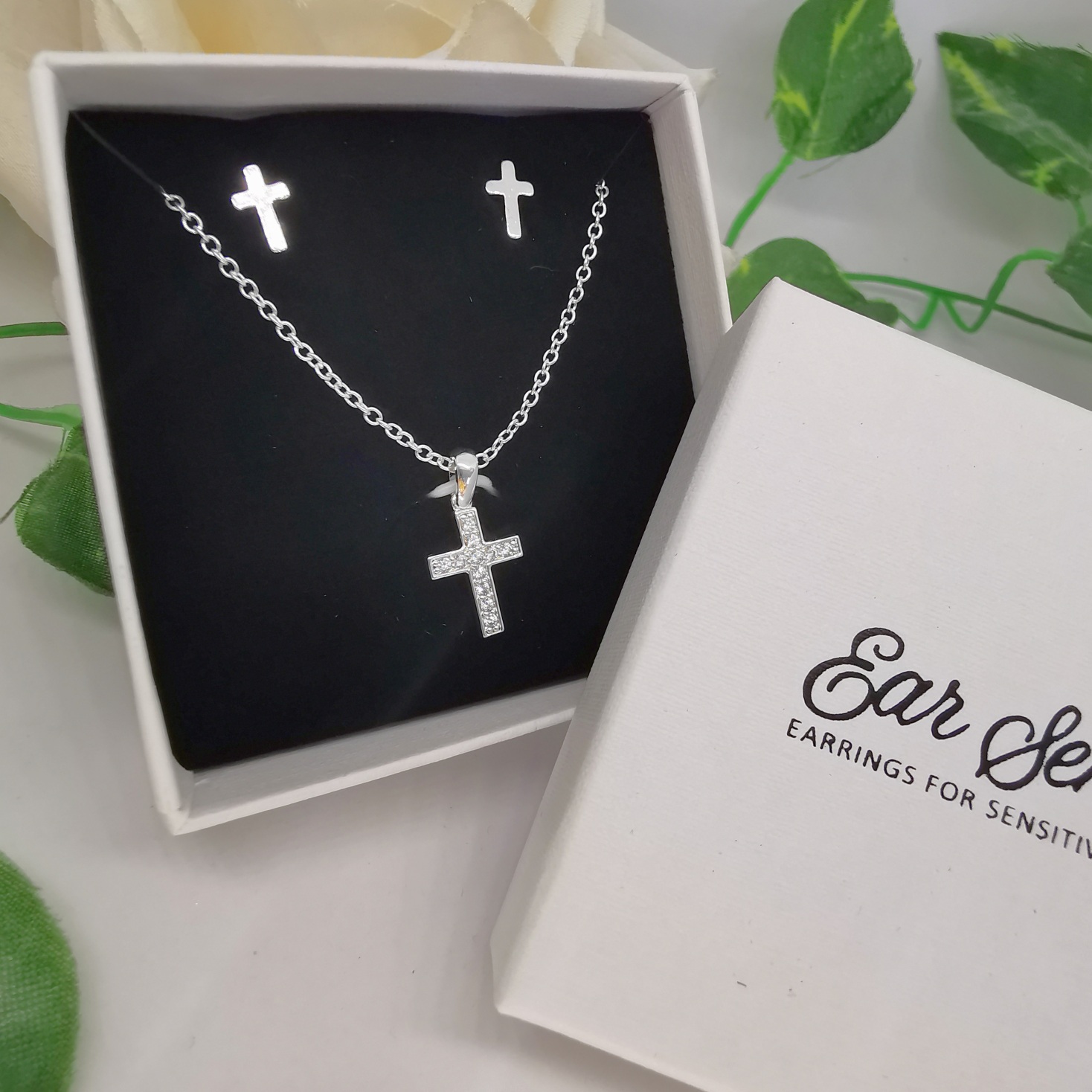 Silver CZ Cross Necklace Set