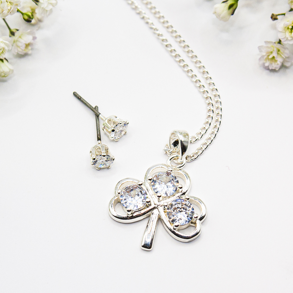 Silver Shamrock Necklace Set - Silver CZ Shamrock necklace and earring set 2