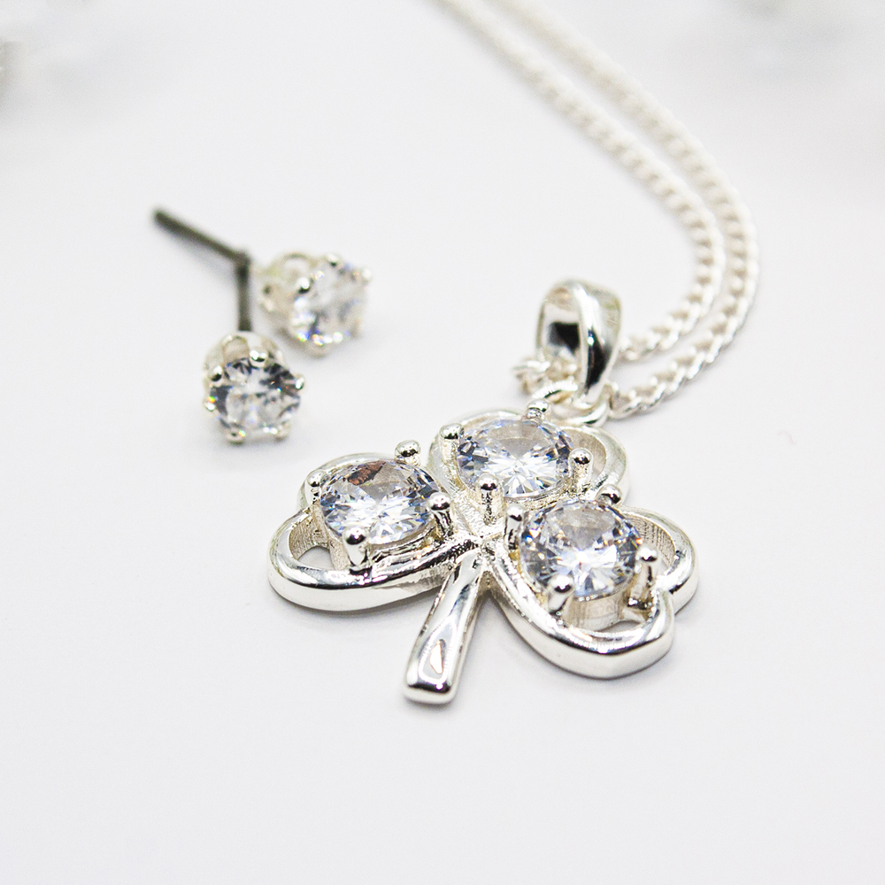 Silver Shamrock Necklace Set - Silver CZ Shamrock necklace and earring set 3
