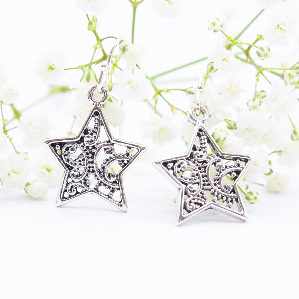 Gold / Silver Star Filigree Drop Earrings - Silver Star Filigree Drop Earrings ES91