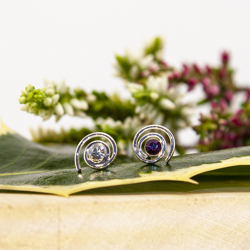 Silver Swirl Earrings with Clear / Amethyst Crystal - Silver Swirl Earrings with Clear Amethyst Crystal ES67 ES68 2