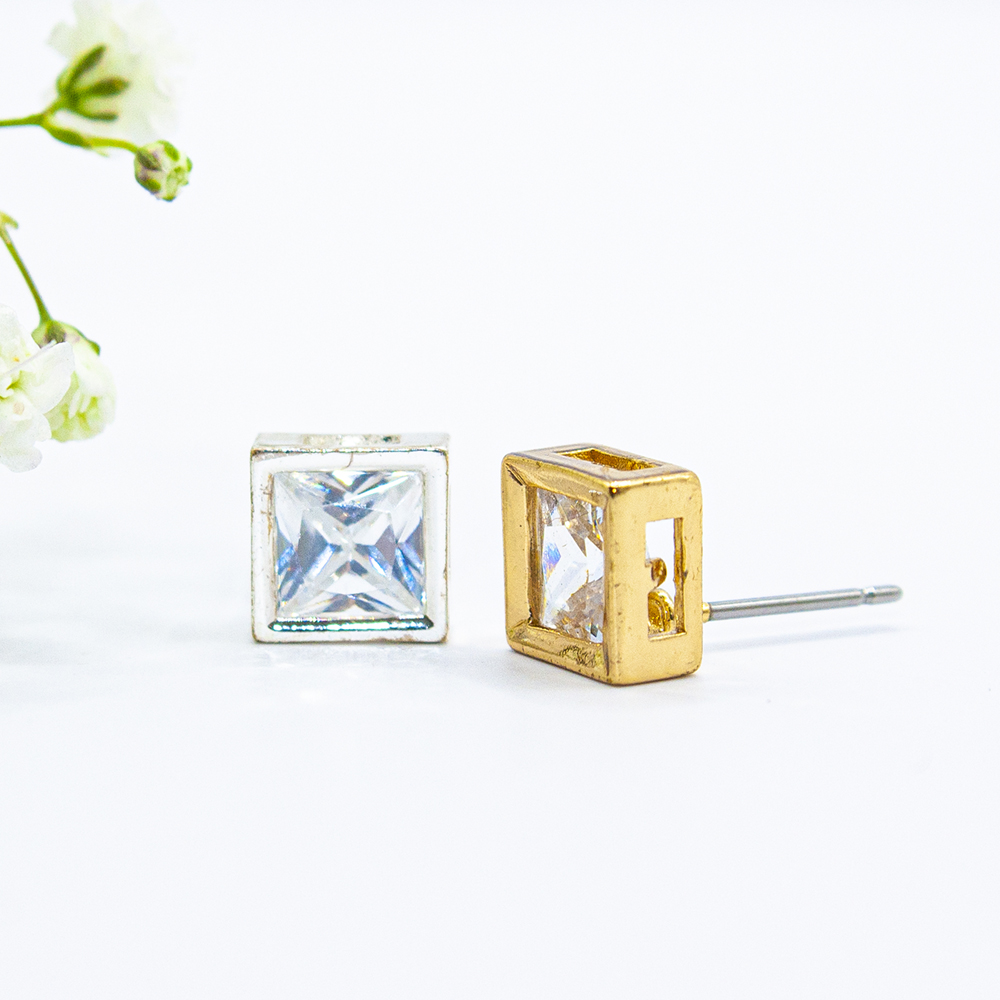 Square Cubic Zirconia Stud Earrings - Silver / Gold - Square Cubic Zirconia Stud Earrings CZ218 CZ219 3