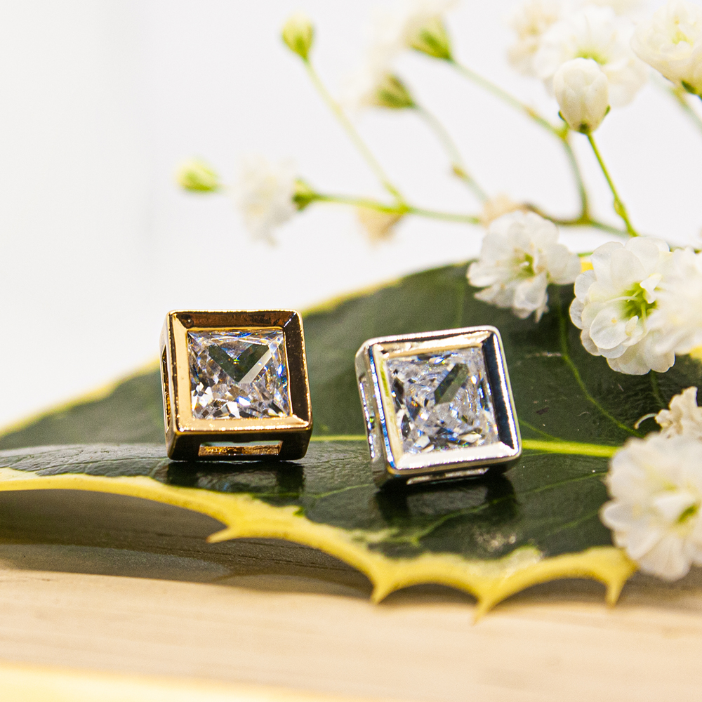 Square Cubic Zirconia Stud Earrings - Silver / Gold - Square Cubic Zirconia Stud Earrings CZ219 CZ218