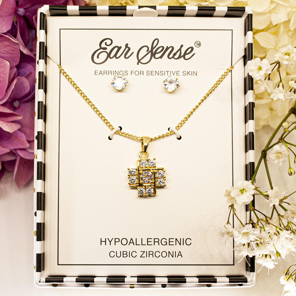 Gold Chunky Crystal Cross Necklace Set - Gold Chunky Crystal Cross Necklace Set Neck 15 3