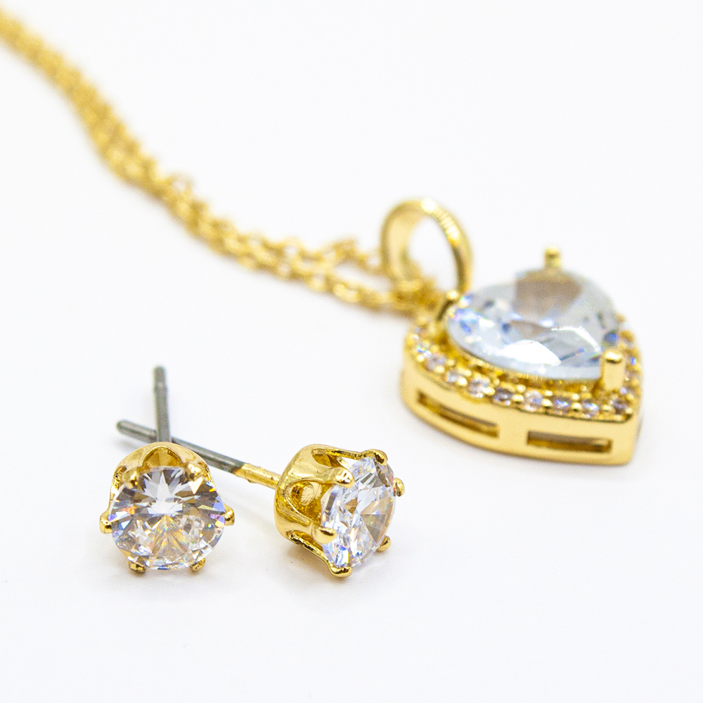Gold Shiny CZ Heart Necklace Set - Gold Shiny CZ Heart Necklace Set NECK19 7
