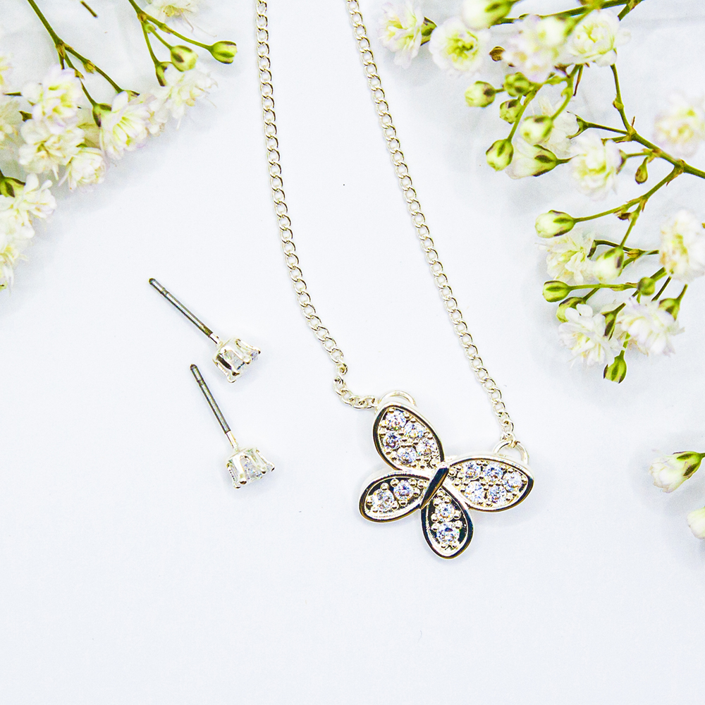 Silver CZ Butterfly Necklace Set - Silver CZ encrusted butterfly necklace and earring set 3