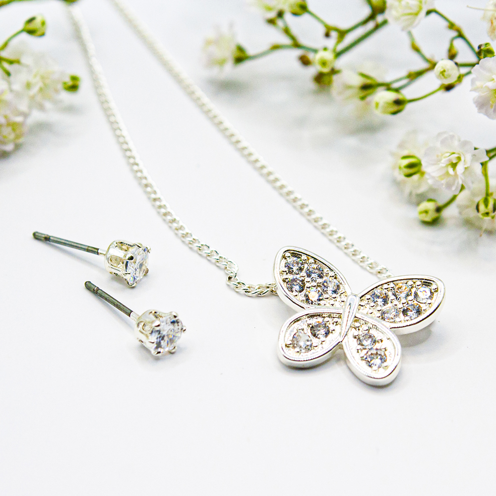Silver CZ Butterfly Necklace Set - Silver CZ encrusted butterfly necklace and earring set 4