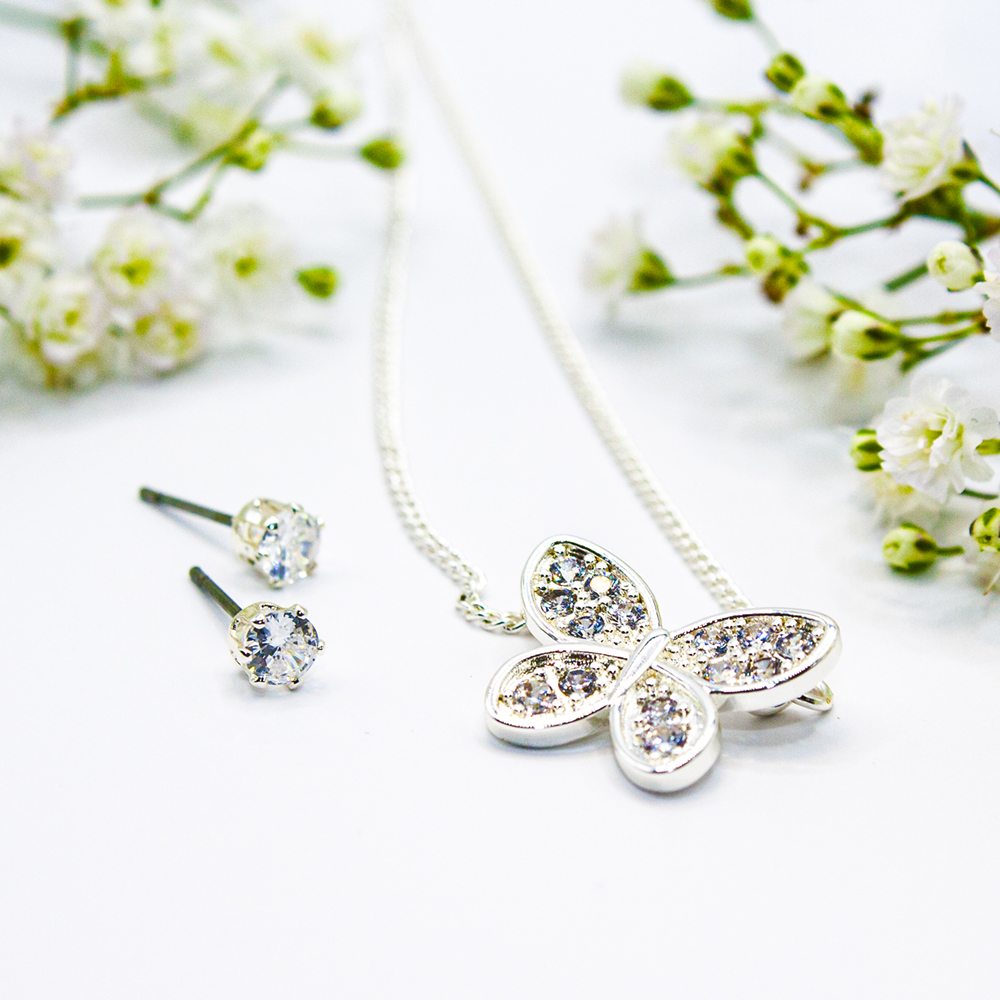 Silver CZ Butterfly Necklace Set - Silver CZ encrusted butterfly necklace and earring set 5