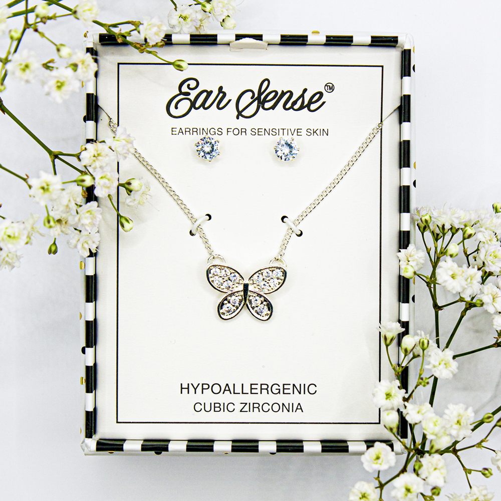 Silver CZ Butterfly Necklace Set - Silver CZ encrusted butterfly necklace and earring set