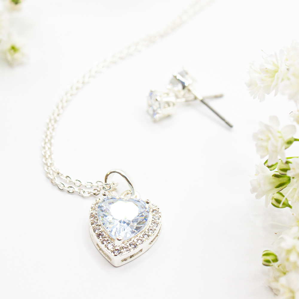 Silver Shiny CZ Heart Necklace Set - Silver Shiny CZ Heart Necklace Set NECK20 5