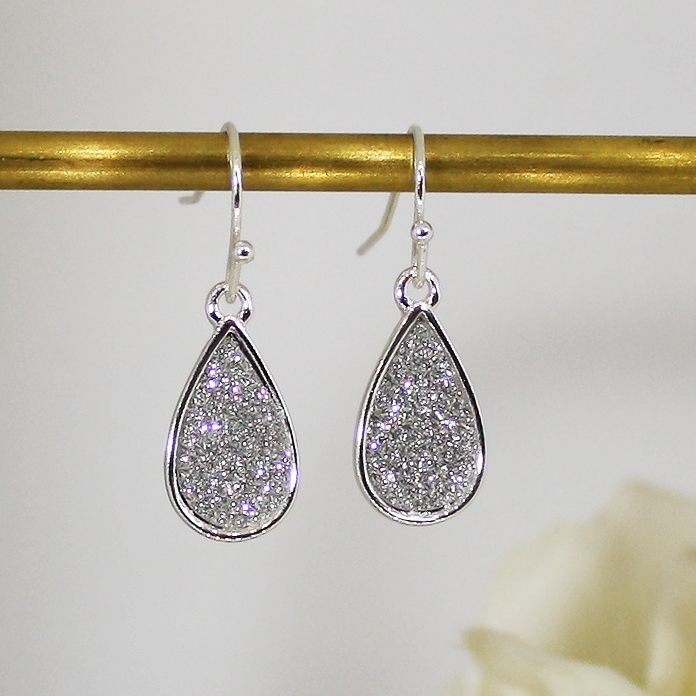 Silver Drop Earrings with Oval Glitter Insert