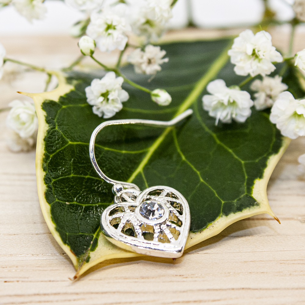 Silver Drop Filigree Heart Earrings - Silver drop filigree heart with crystal insert earrings ES54 2