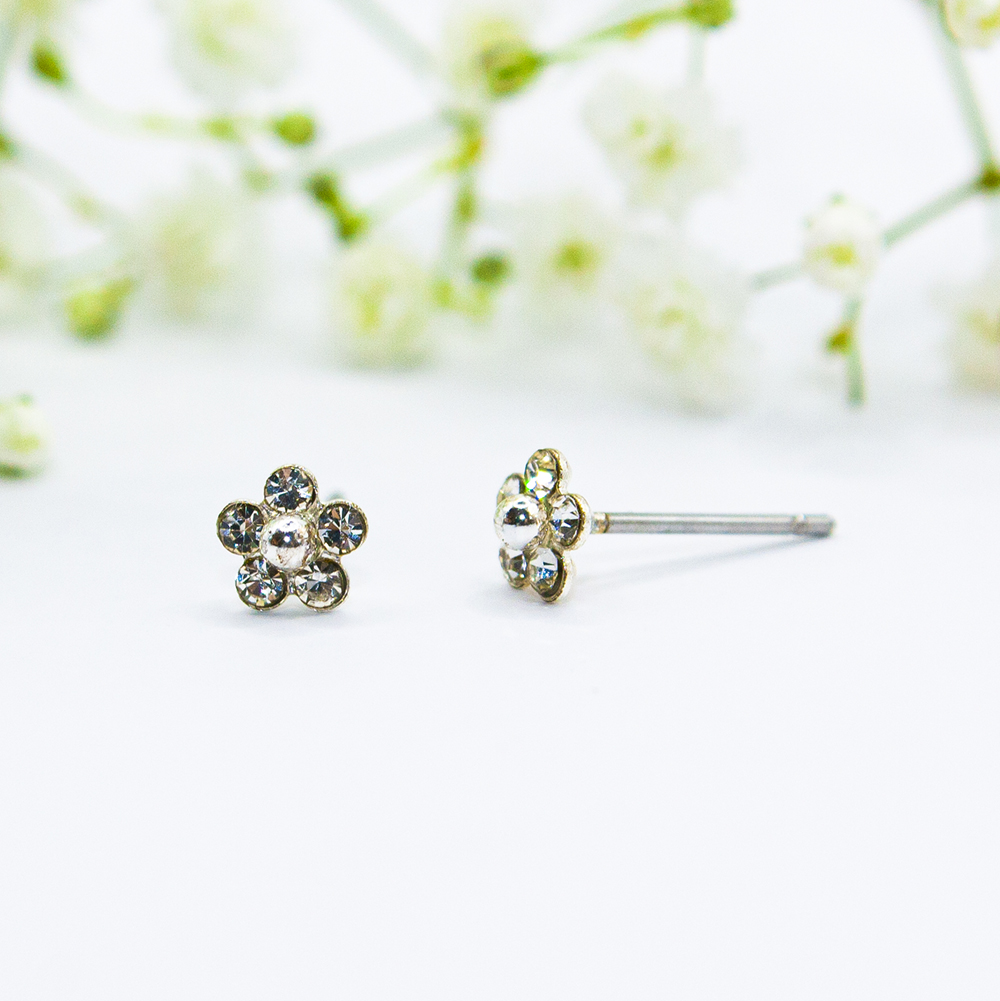 Boxed Multipack of 7 Earrings - 5mm clear crystal multifaceted daisy flower studs 2