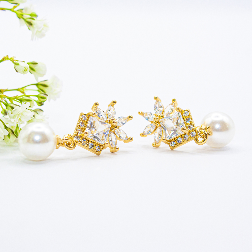 Gold CZ Drop Pearl Earrings - Gold CZ Drop Pearl Earrings CZ233 4