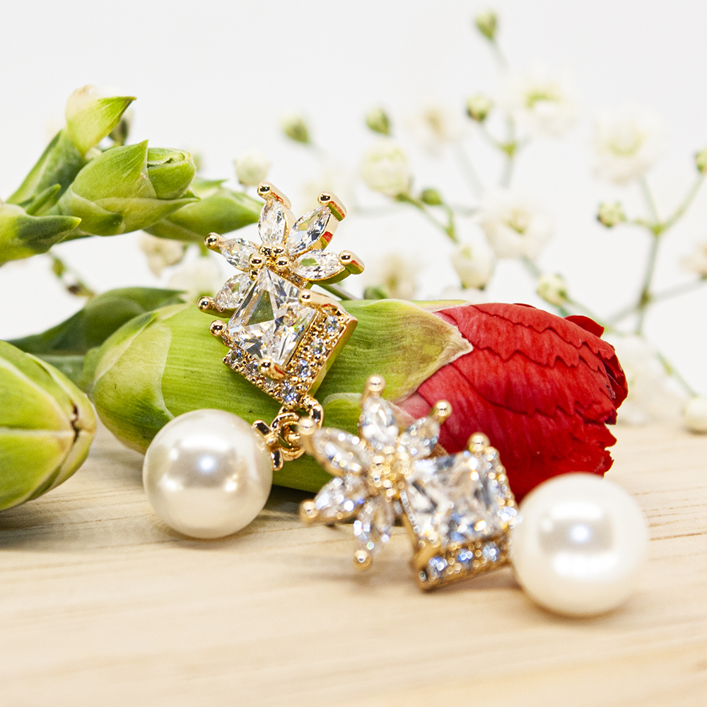 Gold CZ Drop Pearl Earrings - Gold Cubic Zirconia Encrusted Drop Earrings with Pearl CZ233 4