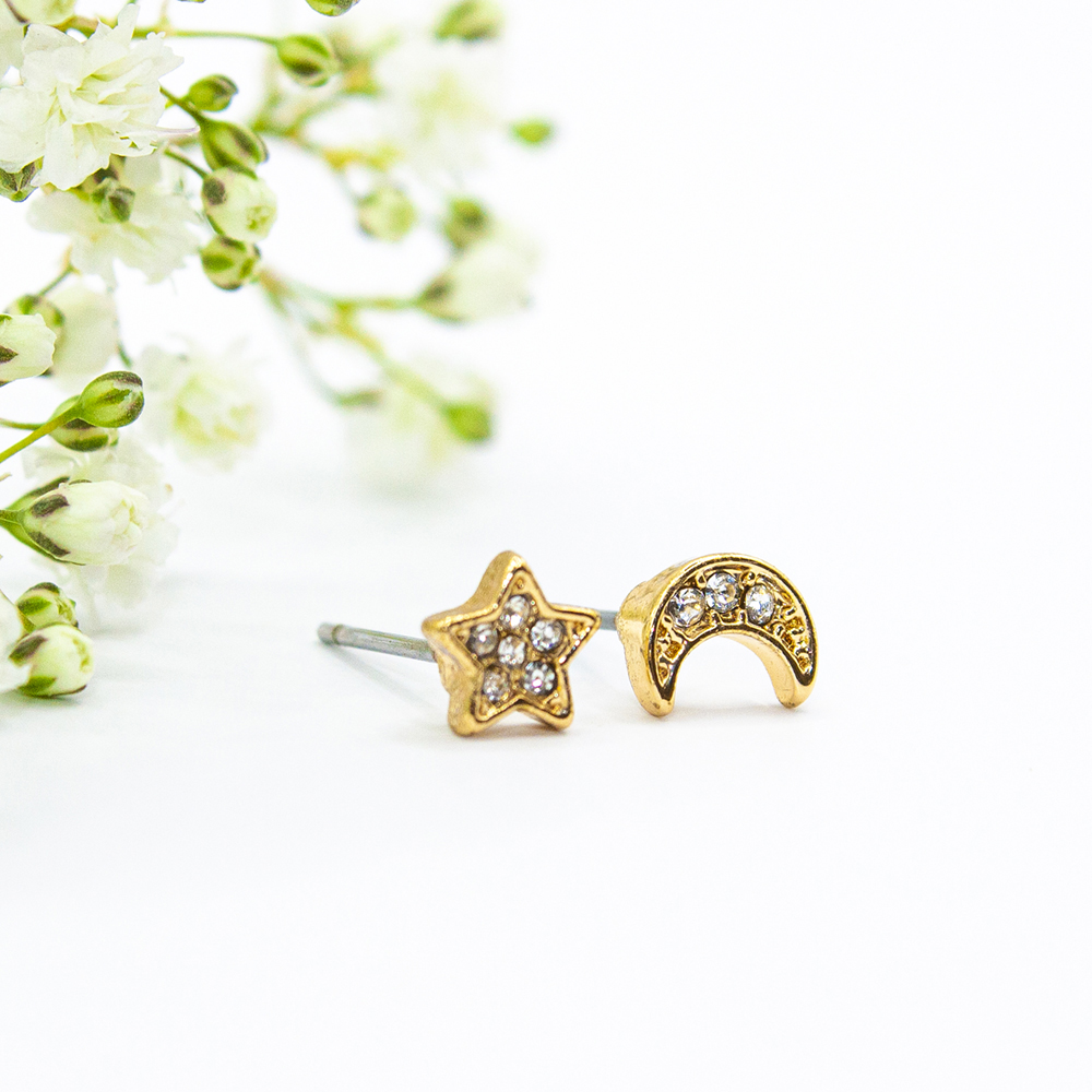 Silver / Gold Encrusted Star and Moon Earrings - Gold Encrusted Star and Moon Earrings ES113 1