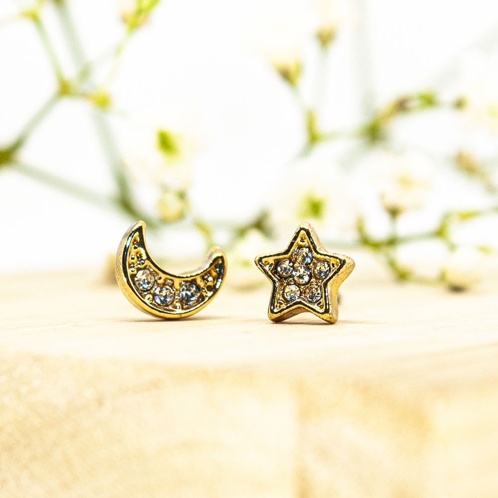 Silver / Gold Encrusted Star and Moon Earrings - Gold Encrusted Star and Moon Earrings ES113