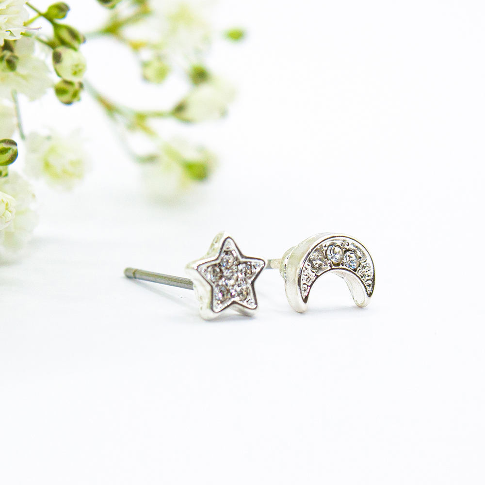 Silver / Gold Encrusted Star and Moon Earrings - Silver Encrusted Star and Moon Earrings ES113 1