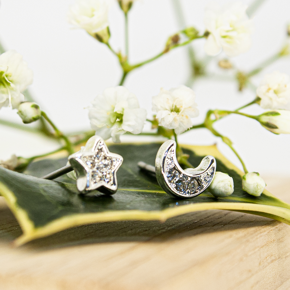 Silver / Gold Encrusted Star and Moon Earrings - Silver Encrusted Star and Moon Earrings ES15 2