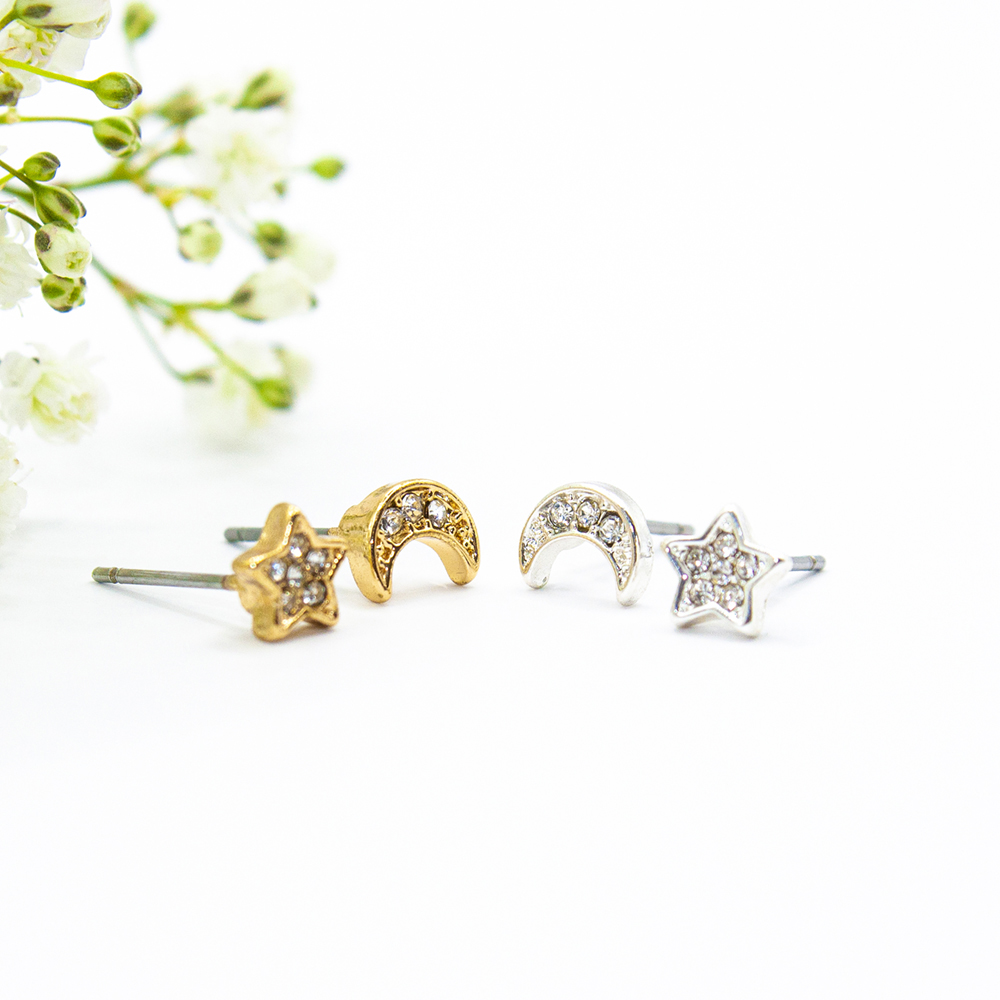 Silver / Gold Encrusted Star and Moon Earrings - Silver Gold Encrusted Star and Moon Earrings ES113 ES15 1