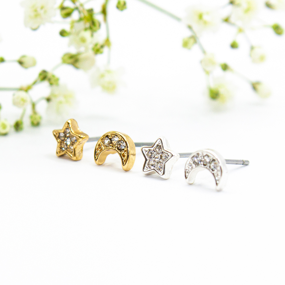 Silver / Gold Encrusted Star and Moon Earrings - Silver Gold Encrusted Star and Moon Earrings ES113 ES15 3