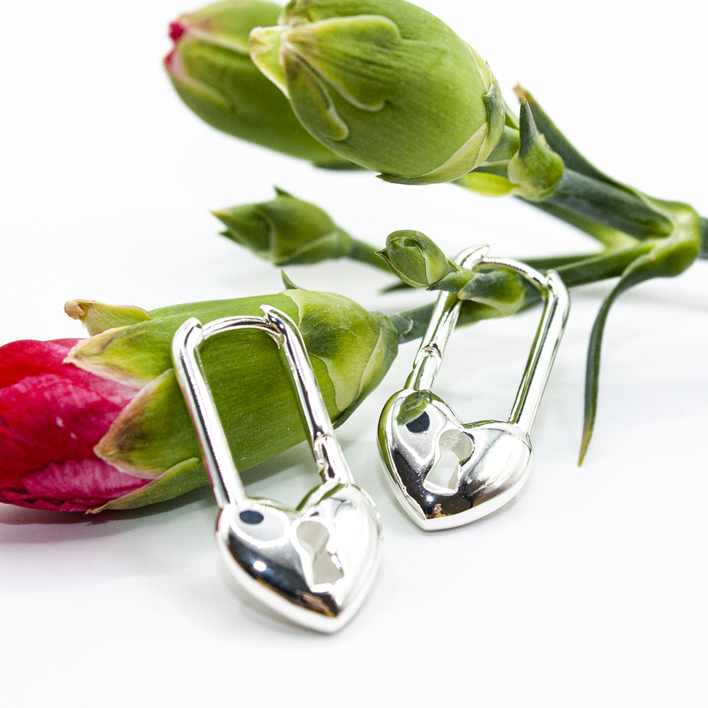 Silver Heart Padlock Earrings - Heart Padlock Silver Click Hoop Earrings 3