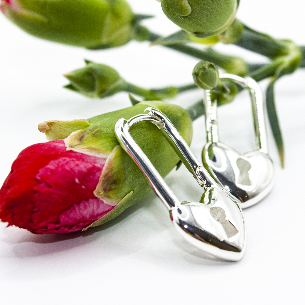 Silver Heart Padlock Earrings - Heart Padlock Silver Click Hoop Earrings 4