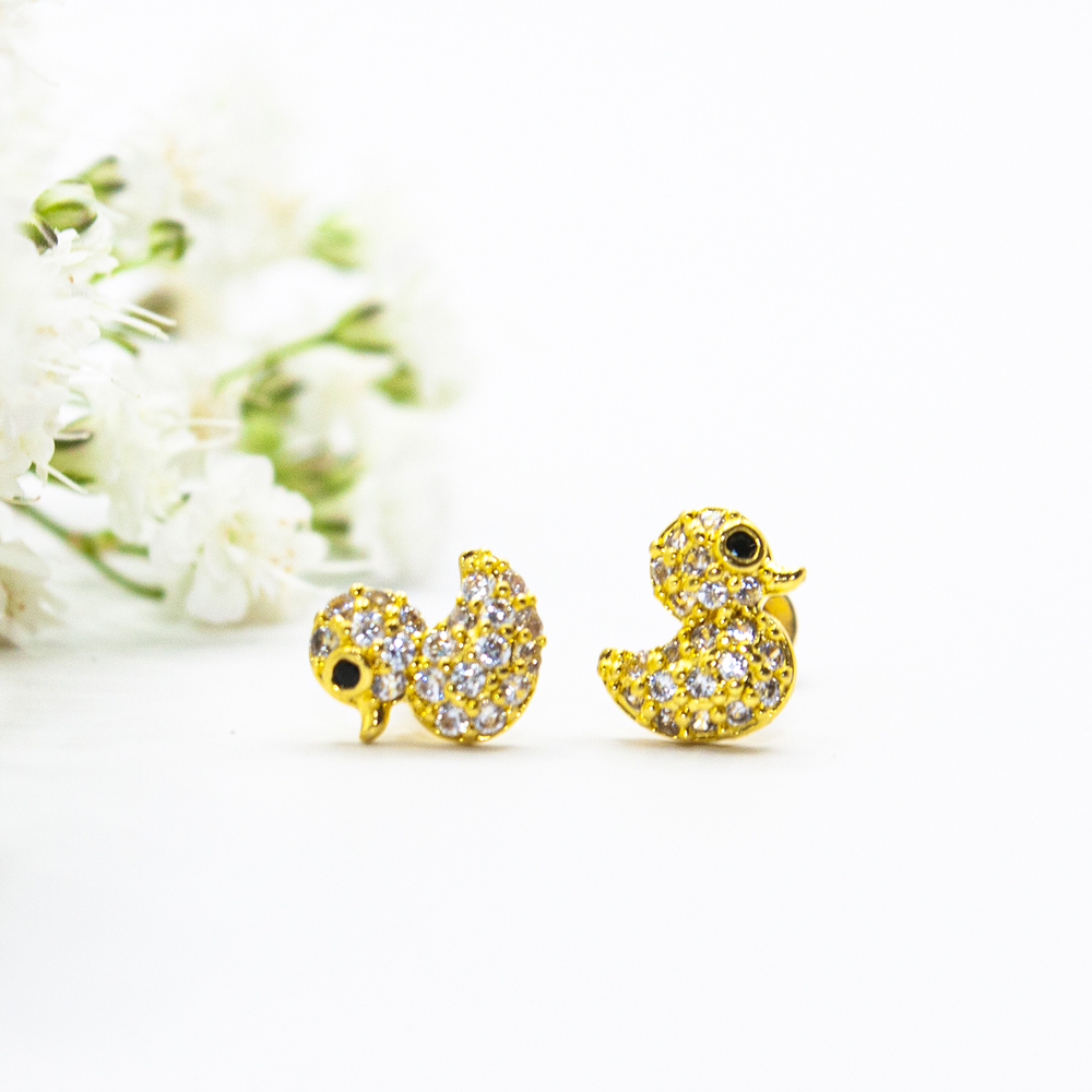 Gold Duck Studs with CZ's - 7mm GoldTone Plated Duck With CZs B9