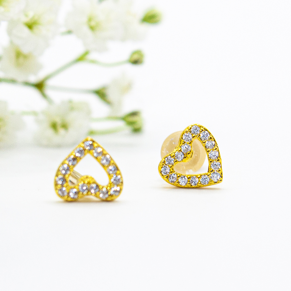Gold Open Heart Studs with CZ's - 7mm Goldtone Heart with CZs B12