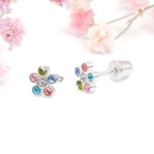 Multicolour CZ Flower Screw On Back Earrings