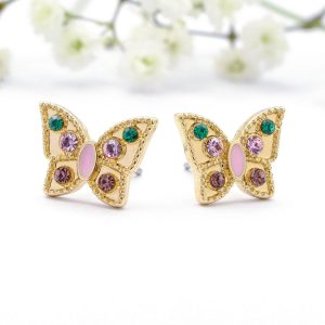 Gold Butterfly Studs With Pastel Stones